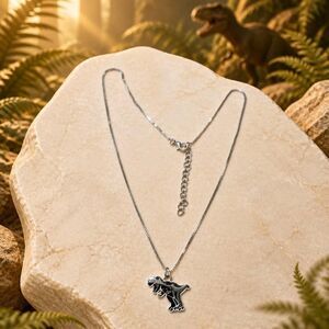 Black T-Rex Dinosaur Pendant Necklace on Silver-tone adjustable chain